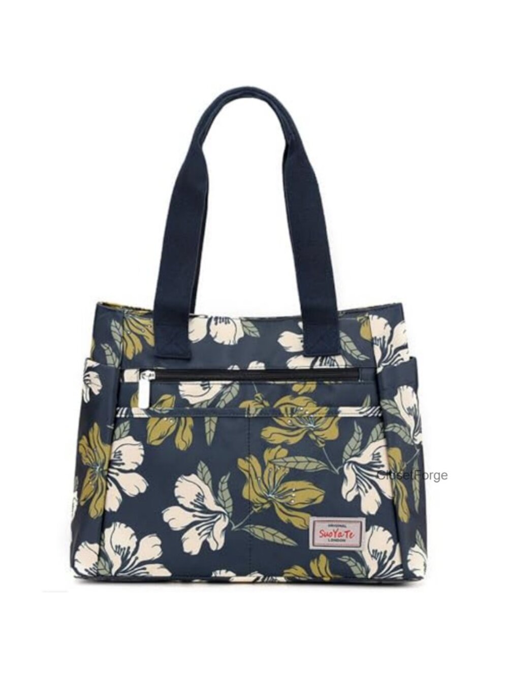 Nylon Convertible Tote Handbag with Flower - Large Shoulder Bag for Laptop